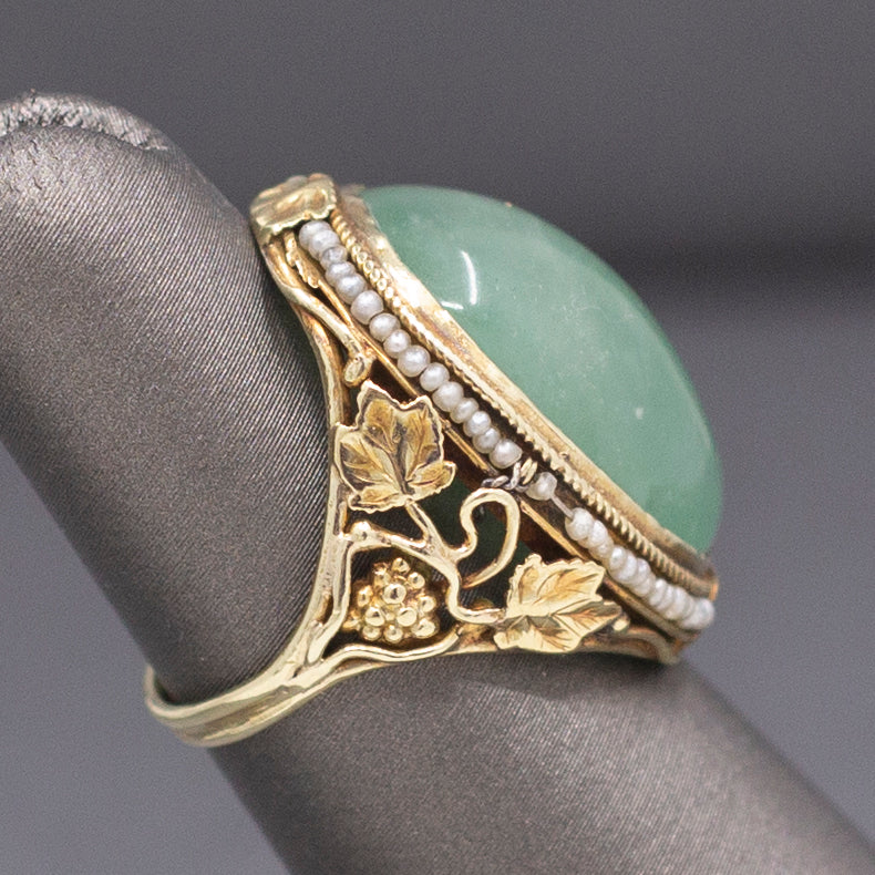Antique Art Nouveau Jade and Pearl Leaf and Vine Ring in 14k Yellow Gold