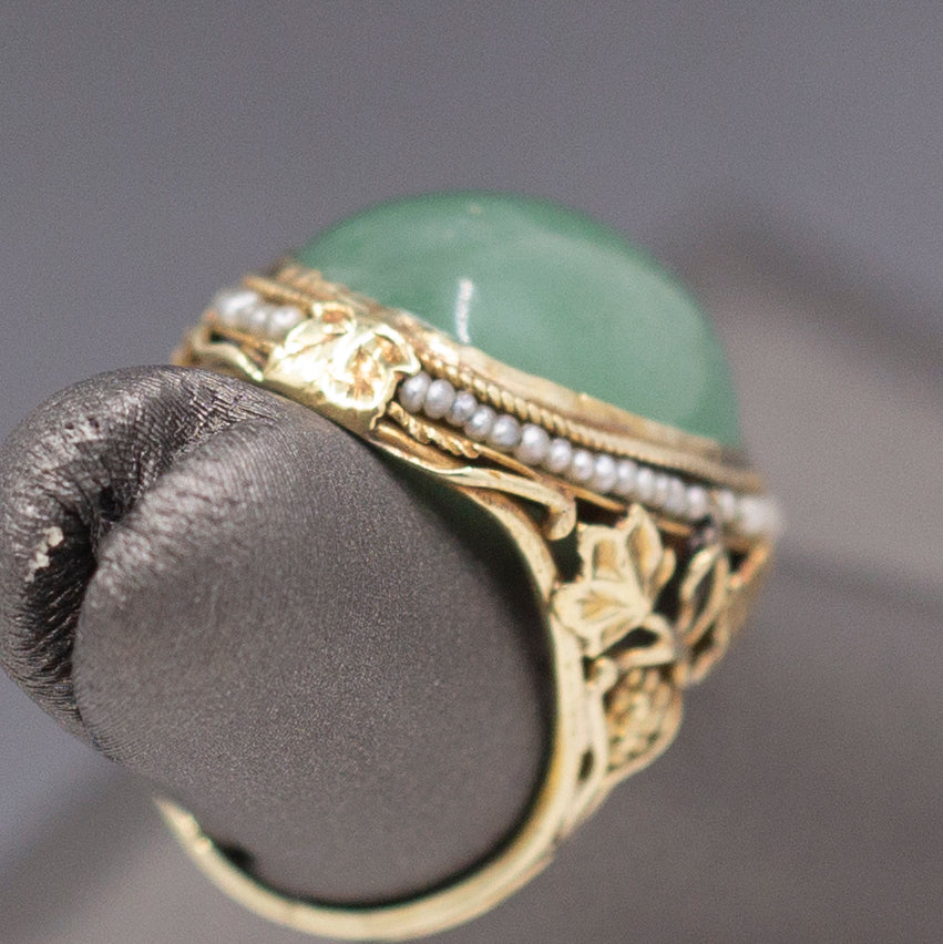 Antique Art Nouveau Jade and Pearl Leaf and Vine Ring in 14k Yellow Gold