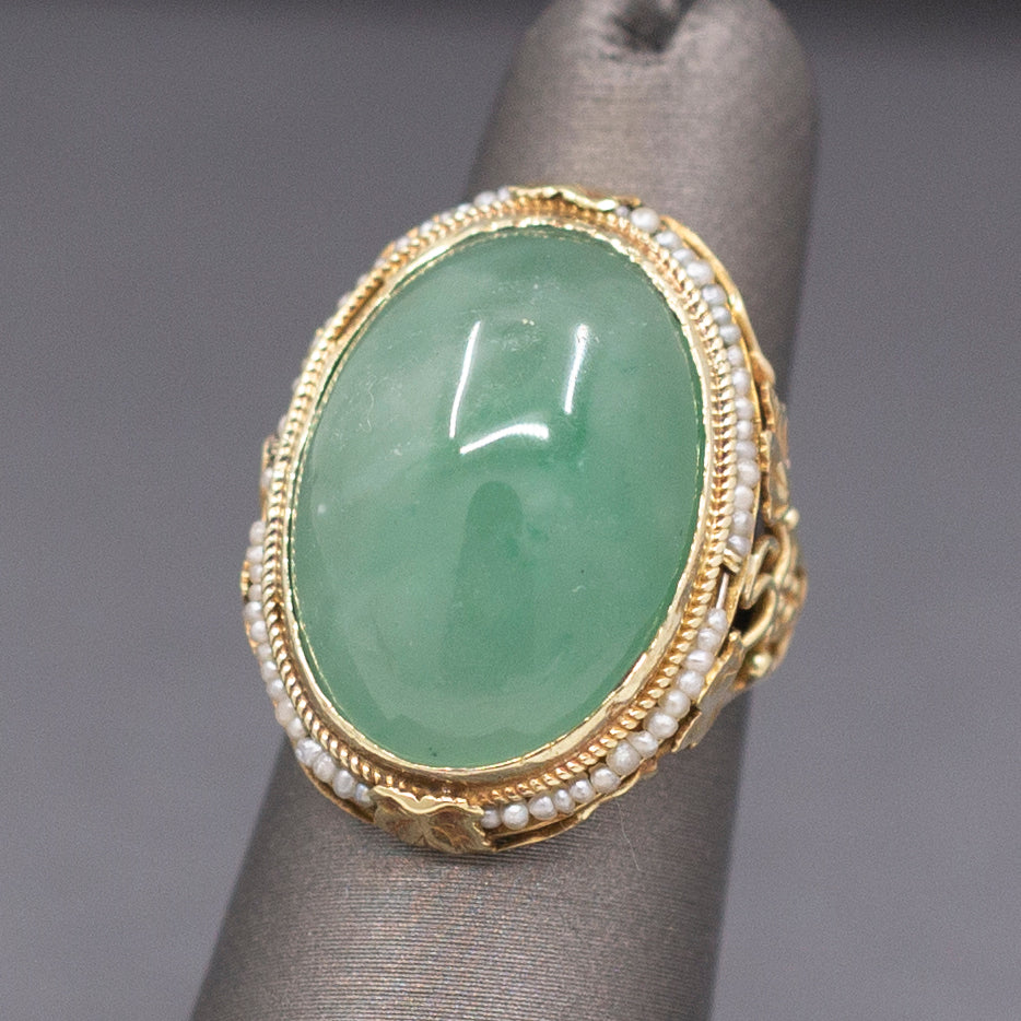 Antique Art Nouveau Jade and Pearl Leaf and Vine Ring in 14k Yellow Gold