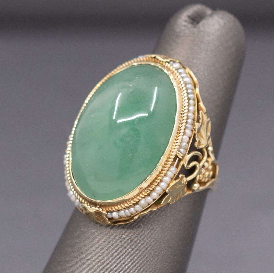 Antique Art Nouveau Jade and Pearl Leaf and Vine Ring in 14k Yellow Gold