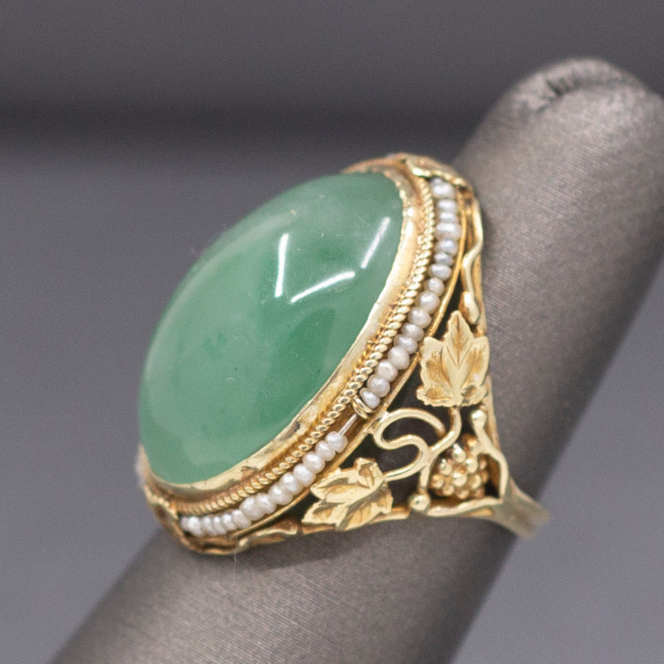Antique Art Nouveau Jade and Pearl Leaf and Vine Ring in 14k Yellow Gold