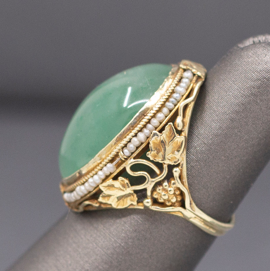 Antique Art Nouveau Jade and Pearl Leaf and Vine Ring in 14k Yellow Gold
