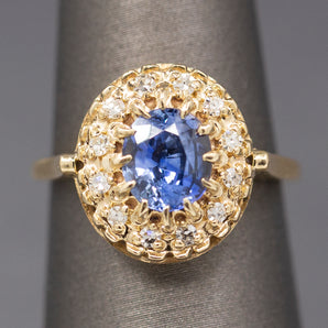 Gorgeous Vintage Cornflower Blue Sapphire and Diamond Ring in 14k Yellow Gold