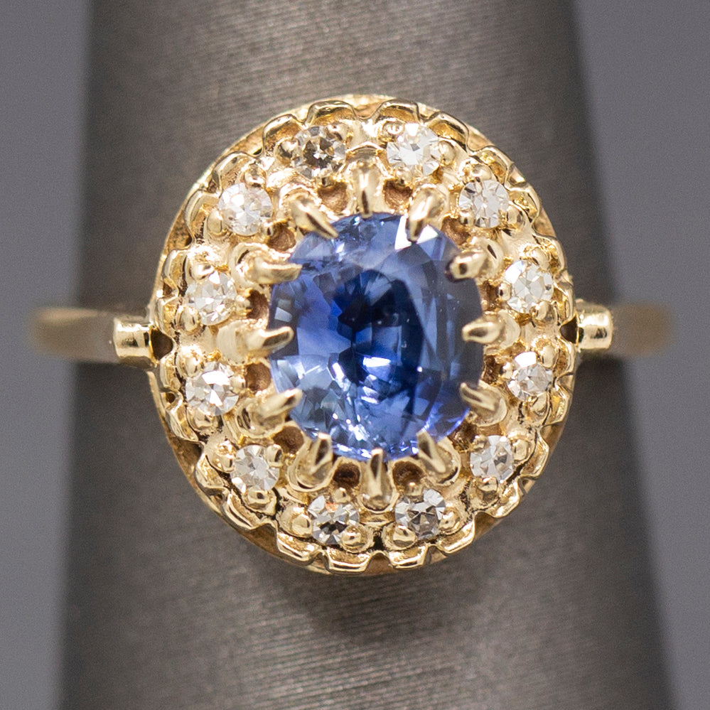 Gorgeous Vintage Cornflower Blue Sapphire and Diamond Ring in 14k Yellow Gold