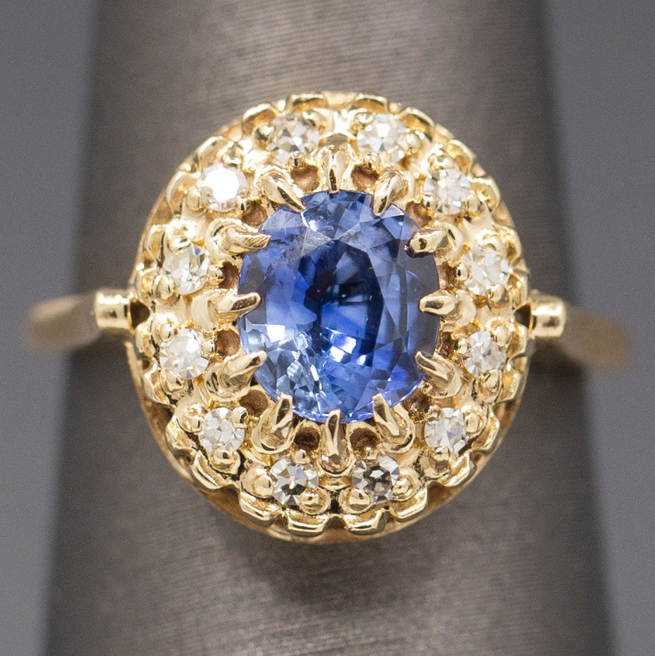 Gorgeous Vintage Cornflower Blue Sapphire and Diamond Ring in 14k Yellow Gold