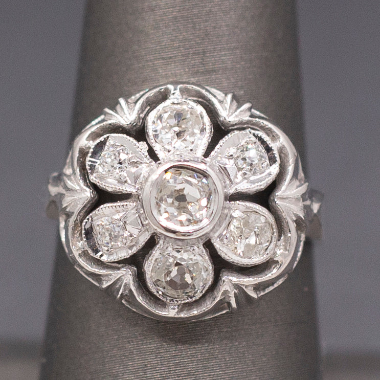 Vintage Old European Cut Natural Diamond Daisy Ring in  14k White Gold