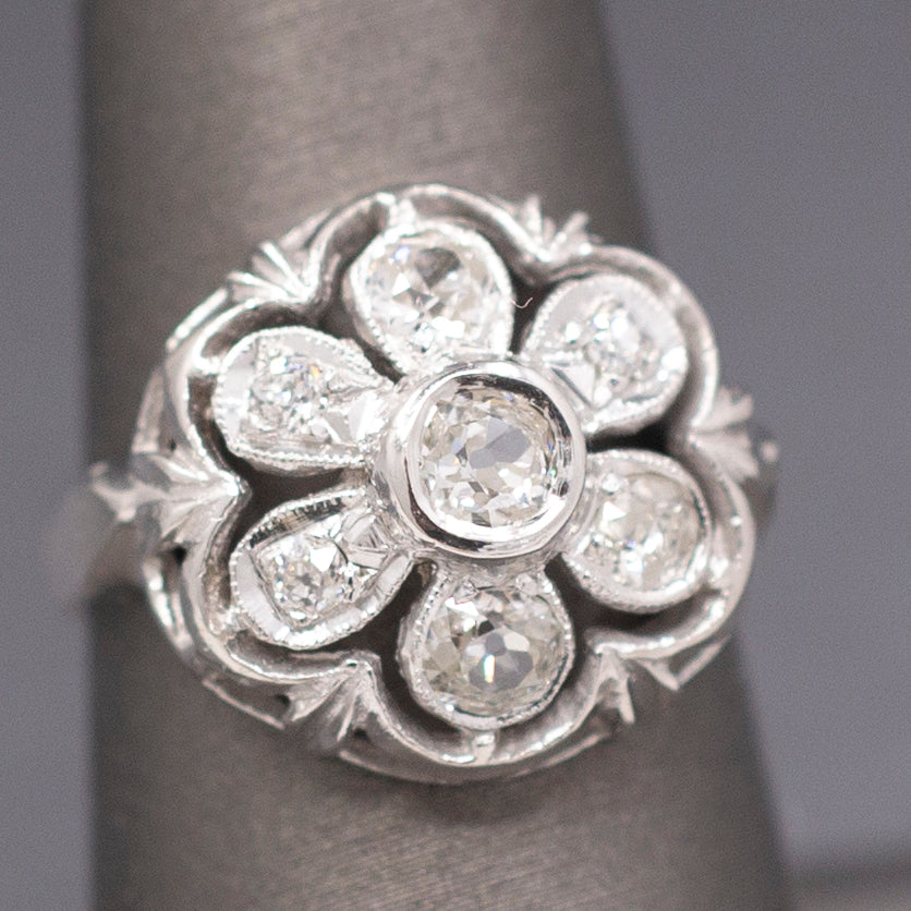 Vintage Old European Cut Natural Diamond Daisy Ring in  14k White Gold