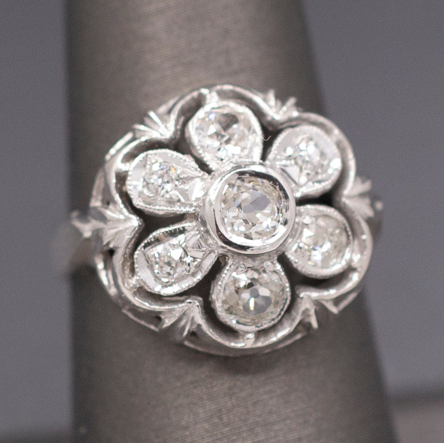 Vintage Old European Cut Natural Diamond Daisy Ring in  14k White Gold