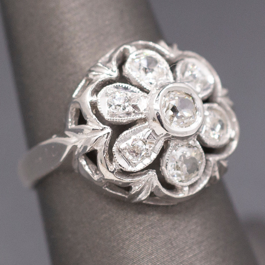Vintage Old European Cut Natural Diamond Daisy Ring in  14k White Gold