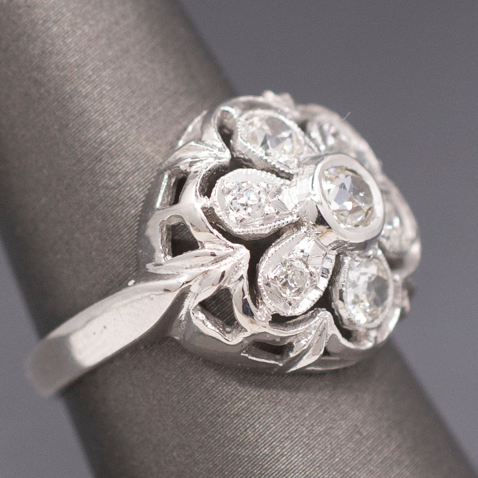Vintage Old European Cut Natural Diamond Daisy Ring in  14k White Gold