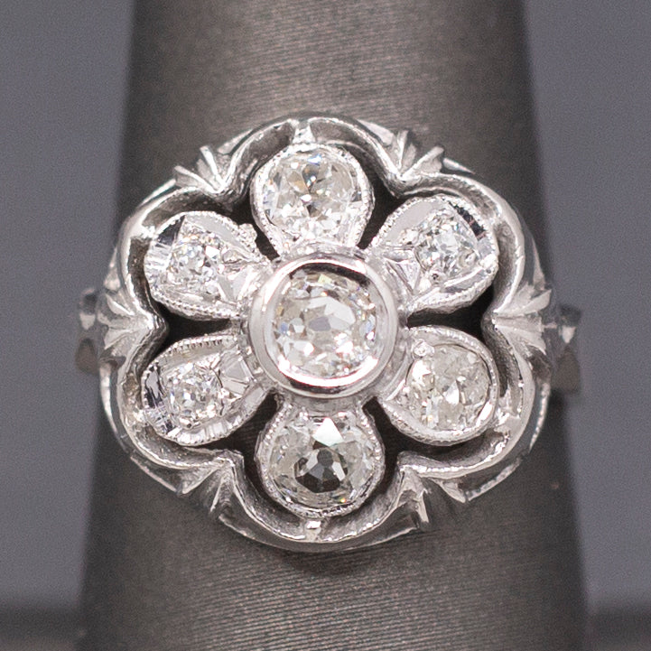 Vintage Old European Cut Natural Diamond Daisy Ring in  14k White Gold
