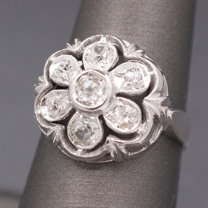 Vintage Old European Cut Natural Diamond Daisy Ring in  14k White Gold