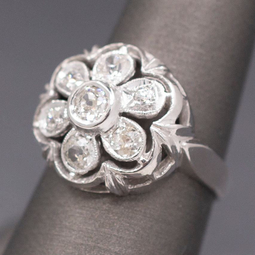 Vintage Old European Cut Natural Diamond Daisy Ring in  14k White Gold