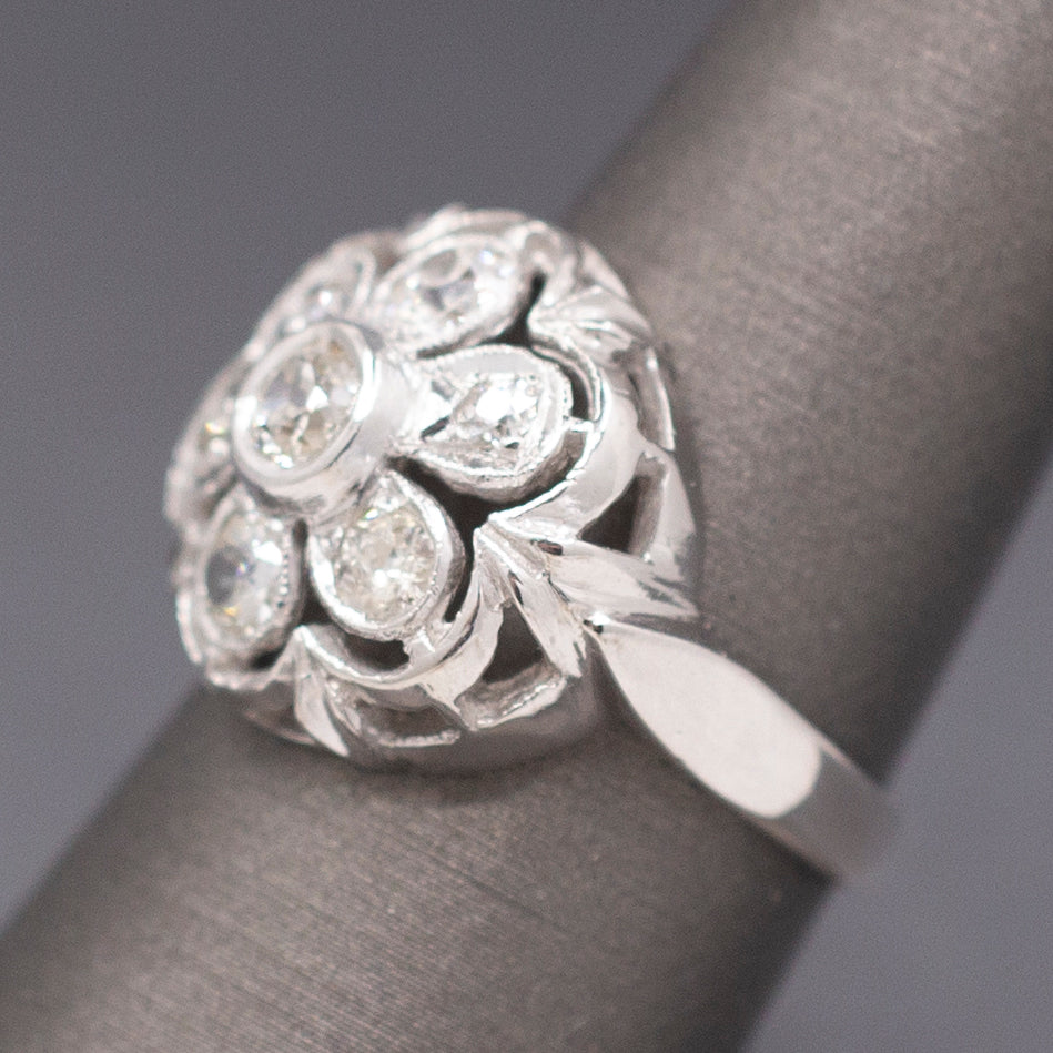 Vintage Old European Cut Natural Diamond Daisy Ring in  14k White Gold