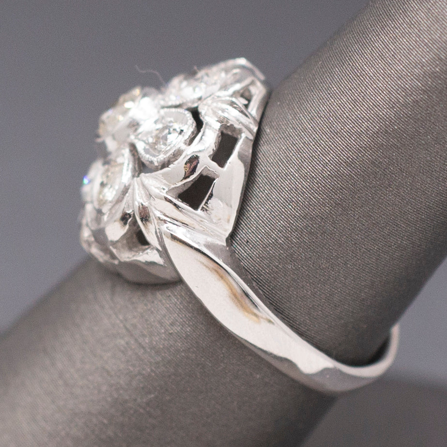 Vintage Old European Cut Natural Diamond Daisy Ring in  14k White Gold