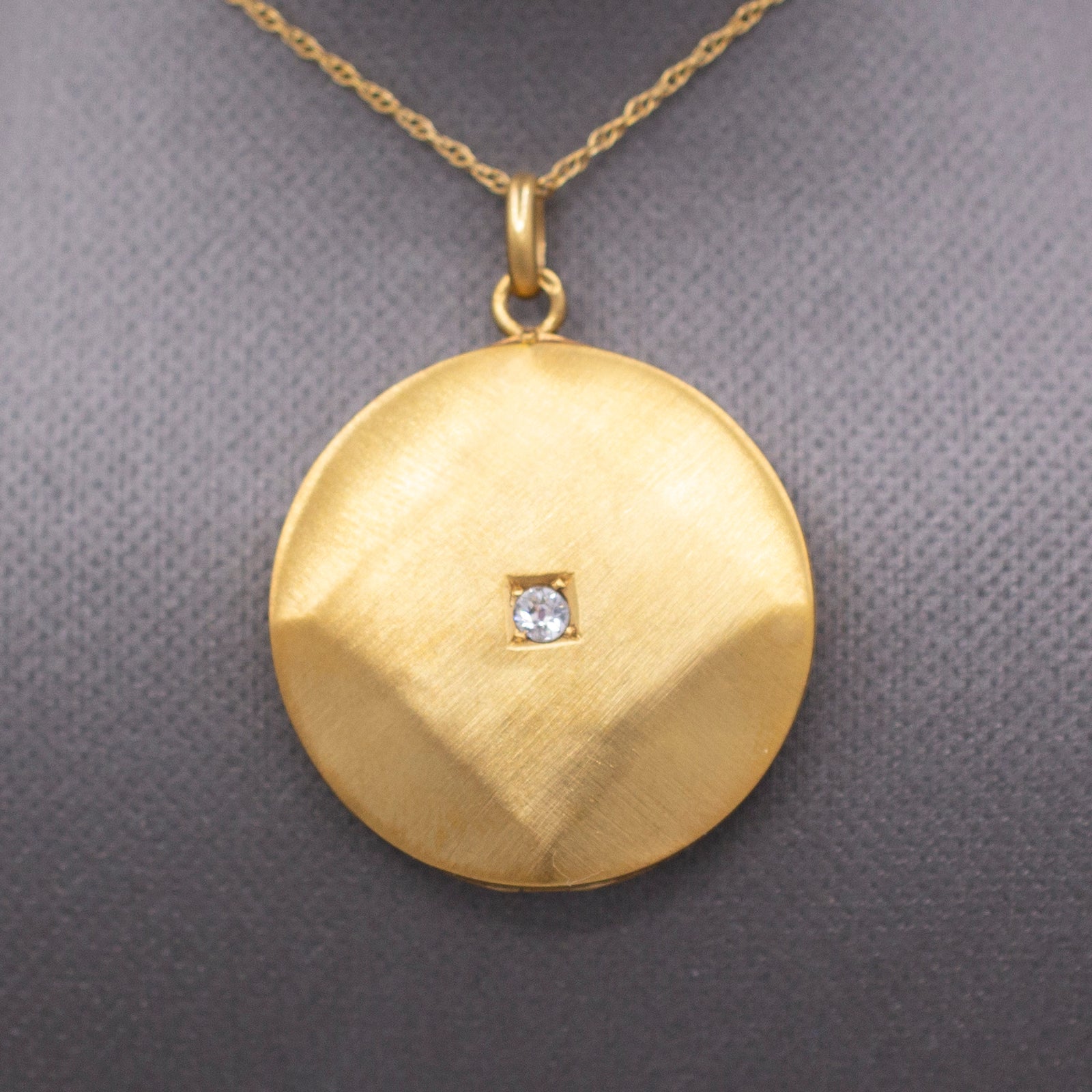 Art Deco Brushed 14k Gold Locket Necklace with Old Mine Cut Diamond