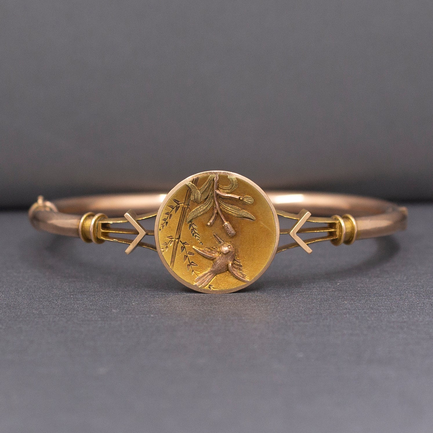 Antique Victorian Bird and Flower Bangle Bracelet in 10k Yellow & Rose Gold