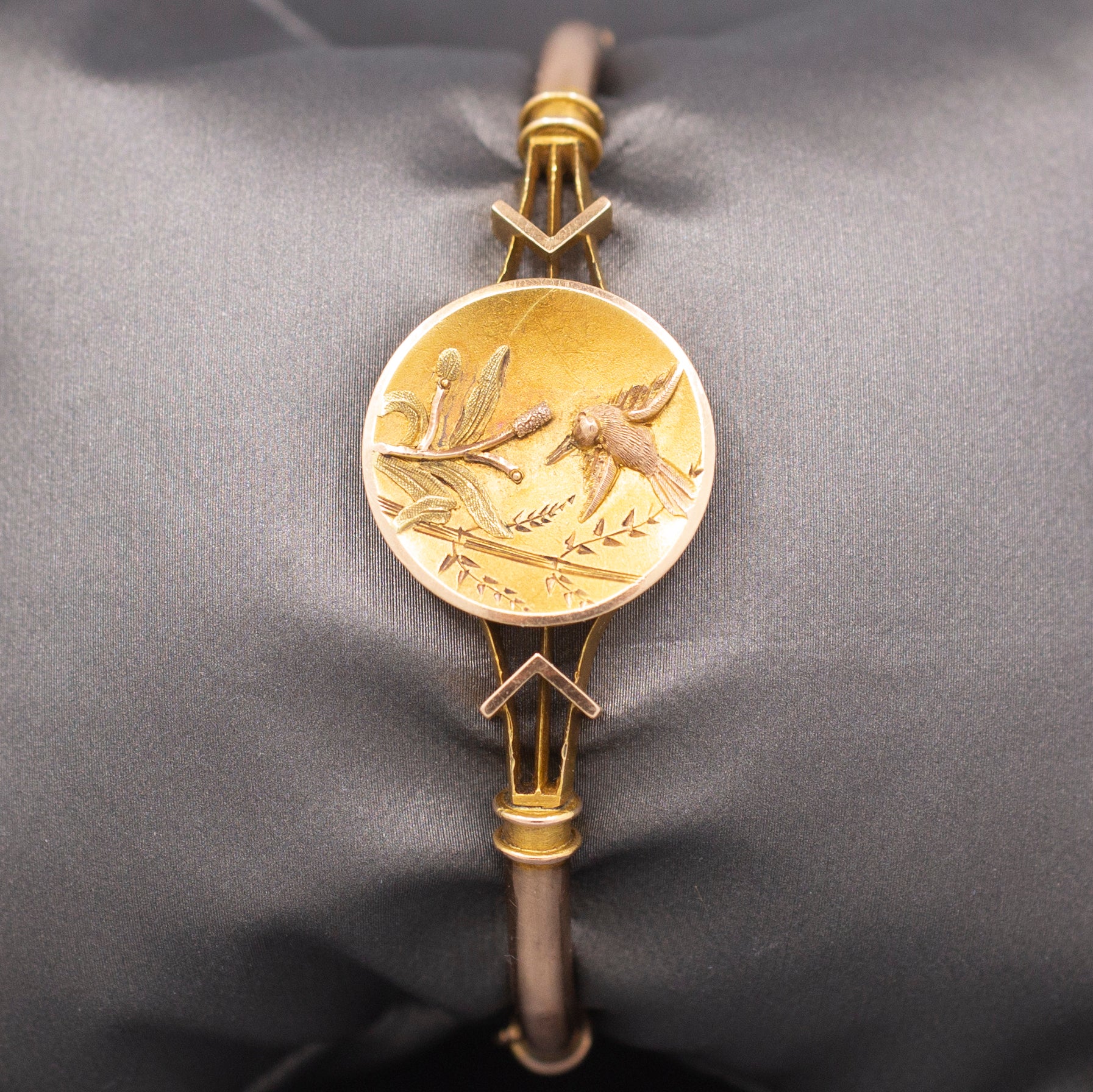 Antique Victorian Bird and Flower Bangle Bracelet in 10k Yellow & Rose Gold