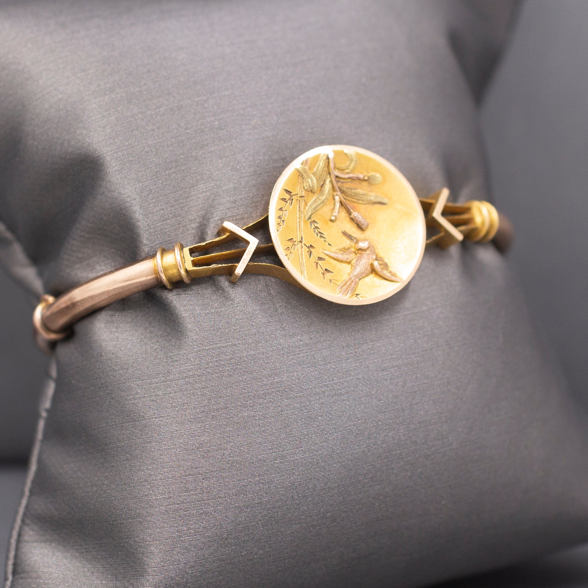 Antique Victorian Bird and Flower Bangle Bracelet in 10k Yellow & Rose Gold