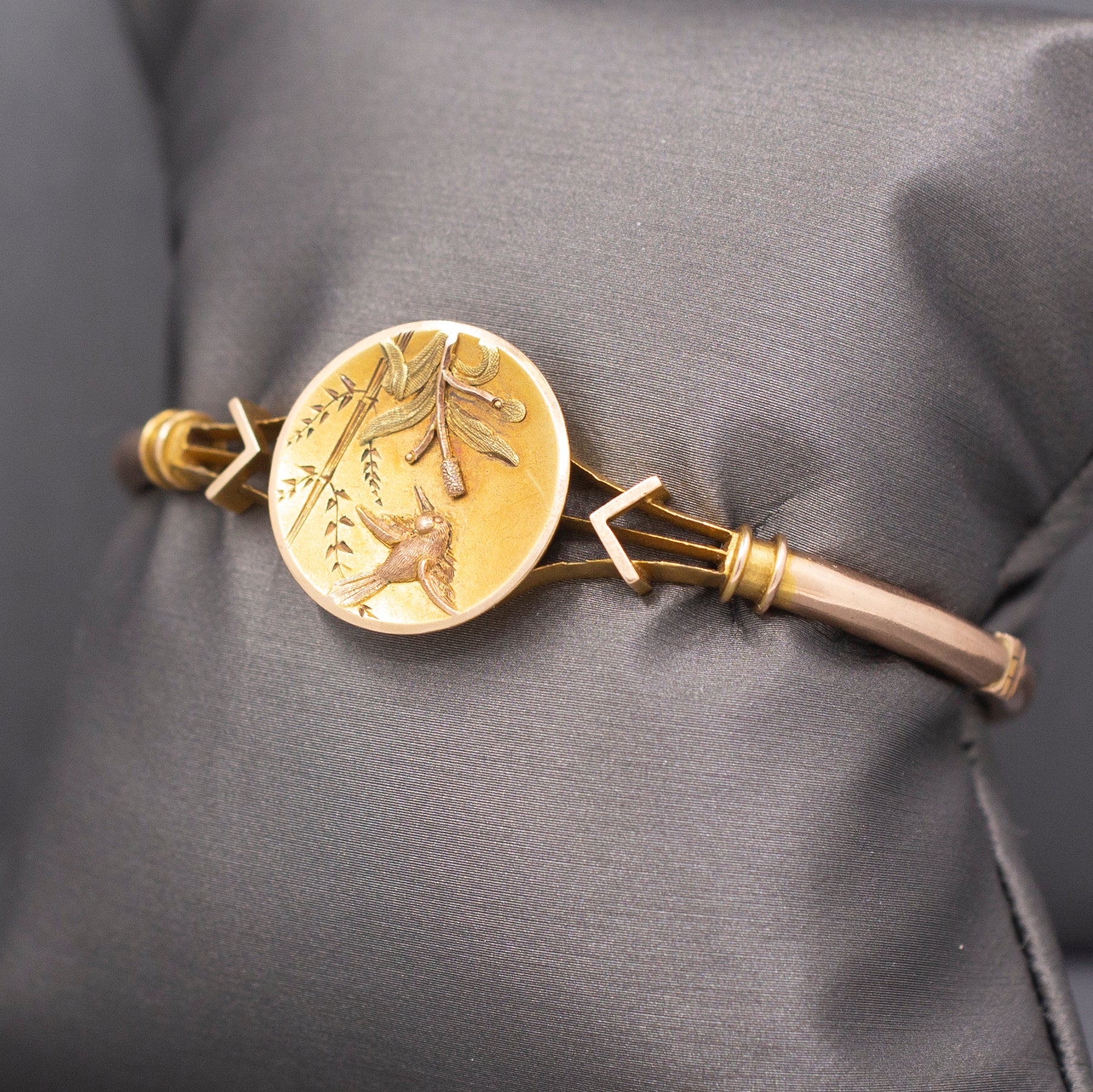 Antique Victorian Bird and Flower Bangle Bracelet in 10k Yellow & Rose Gold