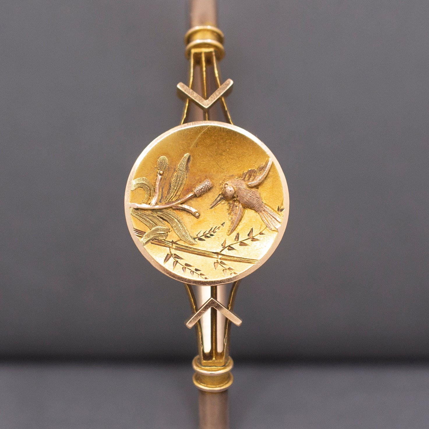 Antique Victorian Bird and Flower Bangle Bracelet in 10k Yellow & Rose Gold
