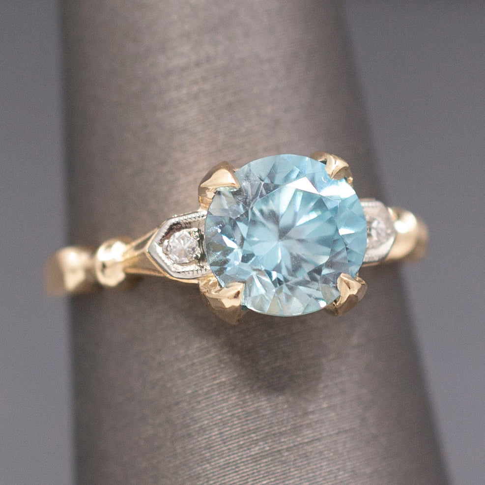 Sparkling Vintage Blue Zircon and Diamond Accent Ring in 14k Yellow Gold