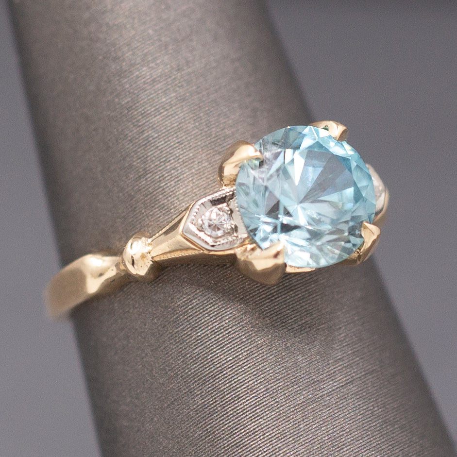 Sparkling Vintage Blue Zircon and Diamond Accent Ring in 14k Yellow Gold