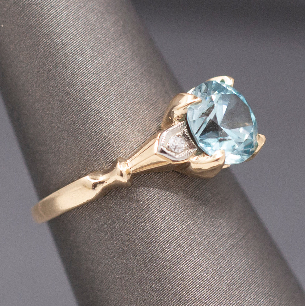 Sparkling Vintage Blue Zircon and Diamond Accent Ring in 14k Yellow Gold