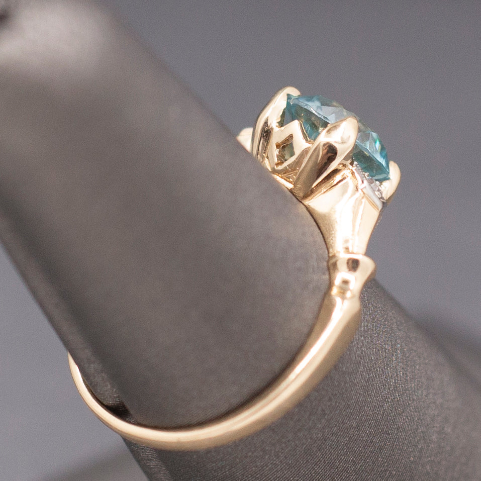 Sparkling Vintage Blue Zircon and Diamond Accent Ring in 14k Yellow Gold
