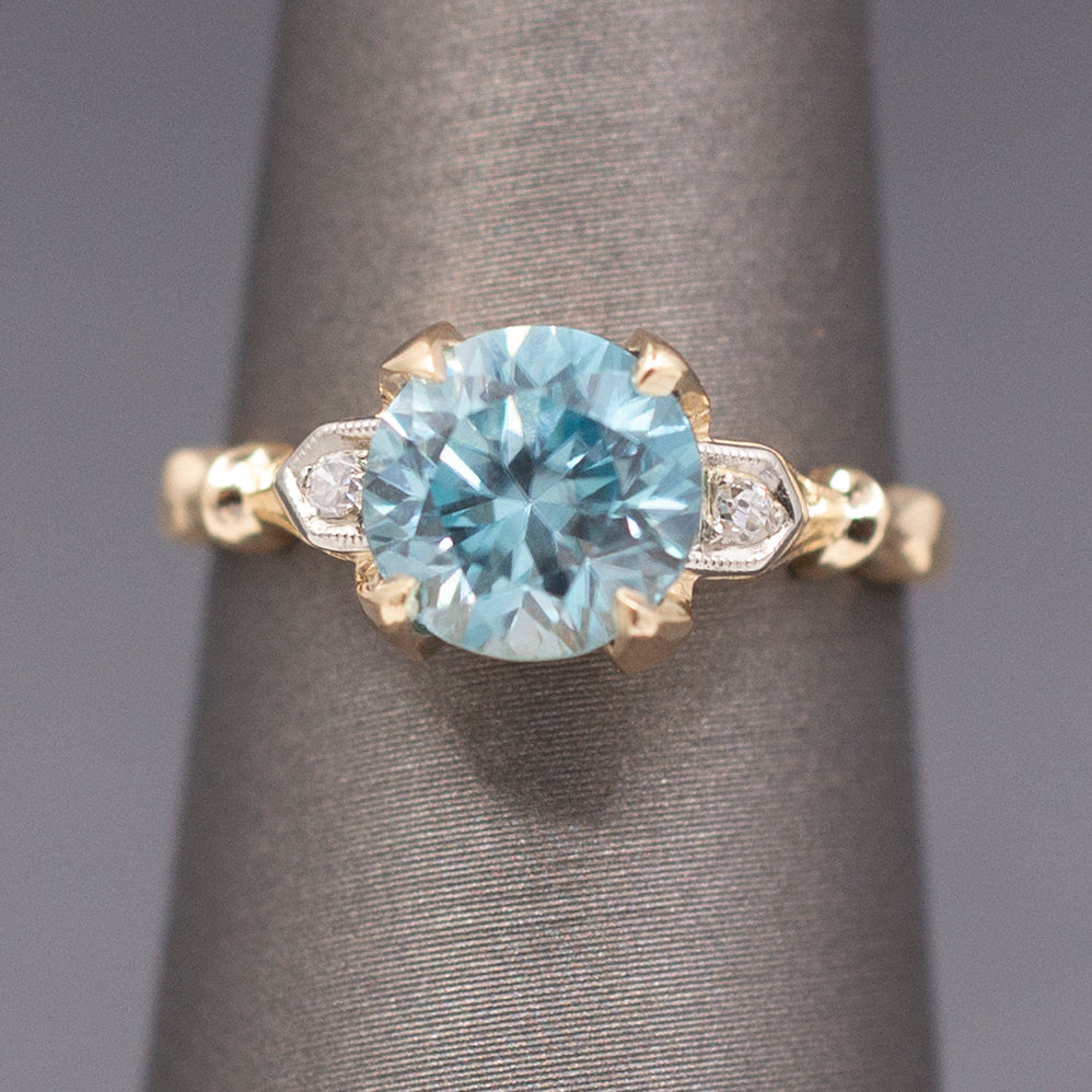 Sparkling Vintage Blue Zircon and Diamond Accent Ring in 14k Yellow Gold
