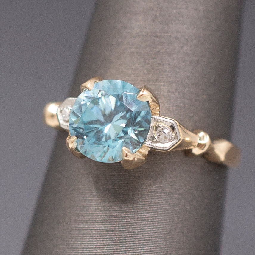 Sparkling Vintage Blue Zircon and Diamond Accent Ring in 14k Yellow Gold