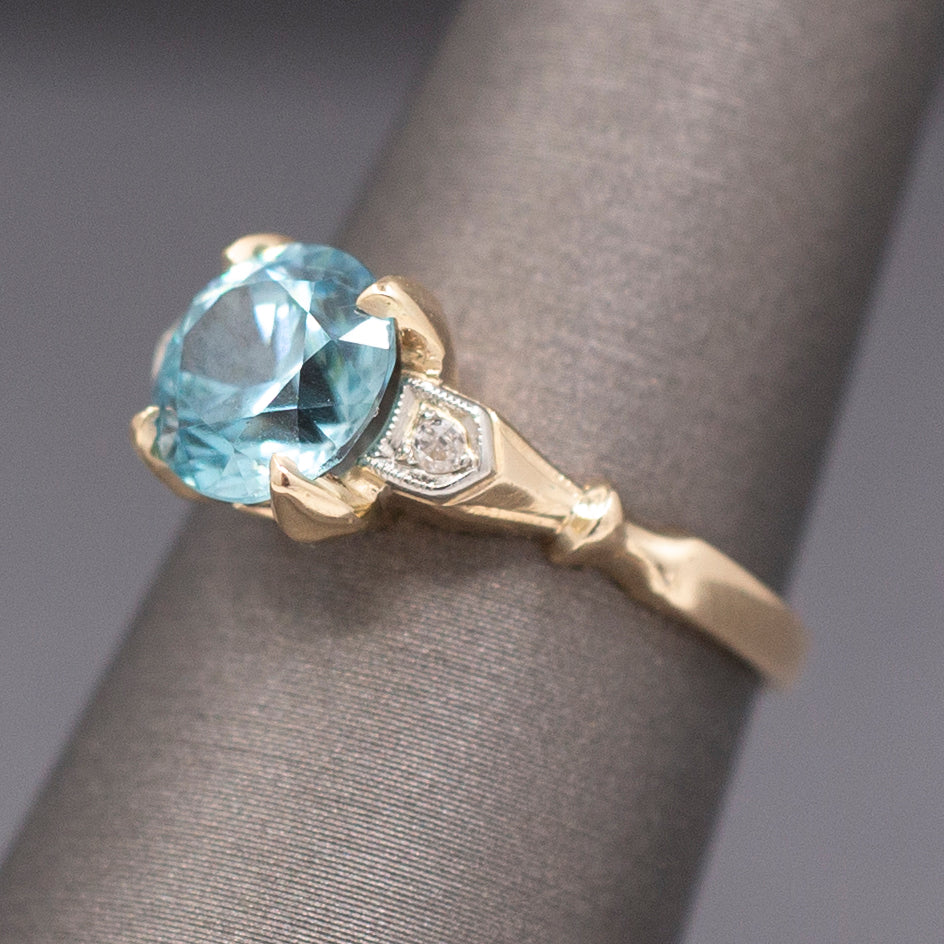Sparkling Vintage Blue Zircon and Diamond Accent Ring in 14k Yellow Gold
