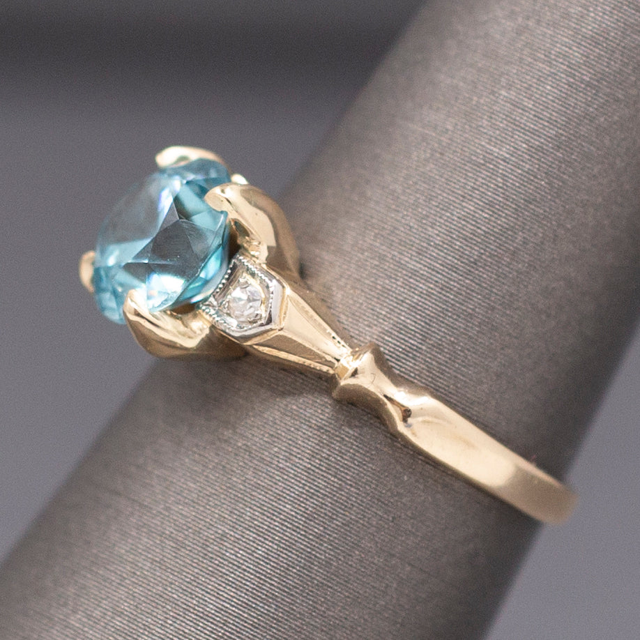Sparkling Vintage Blue Zircon and Diamond Accent Ring in 14k Yellow Gold