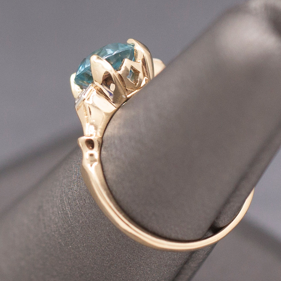 Sparkling Vintage Blue Zircon and Diamond Accent Ring in 14k Yellow Gold
