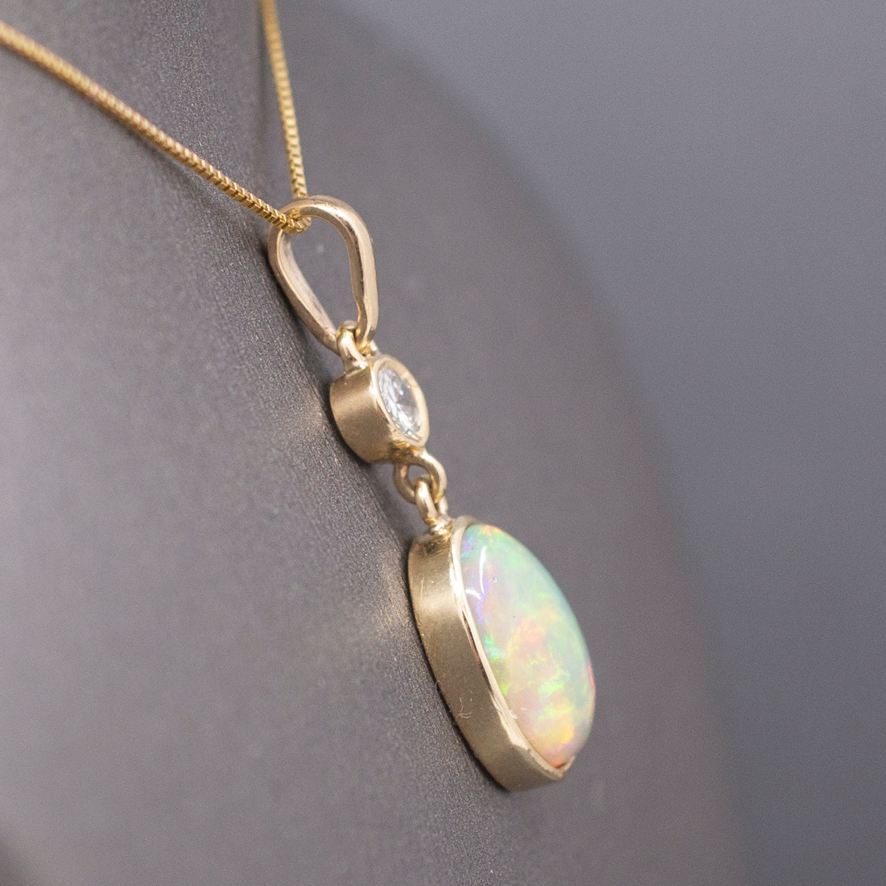 Exquisite Ethiopian Opal and Diamond Bezel Set Pendant Necklace in 14k Yellow Gold