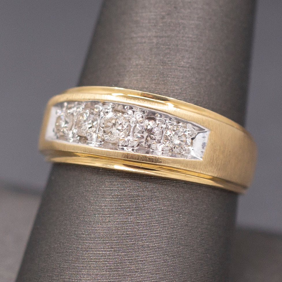 Vintage Men's Natural Diamond Five Stone Wedding Band Ring in 14k Yellow Gold