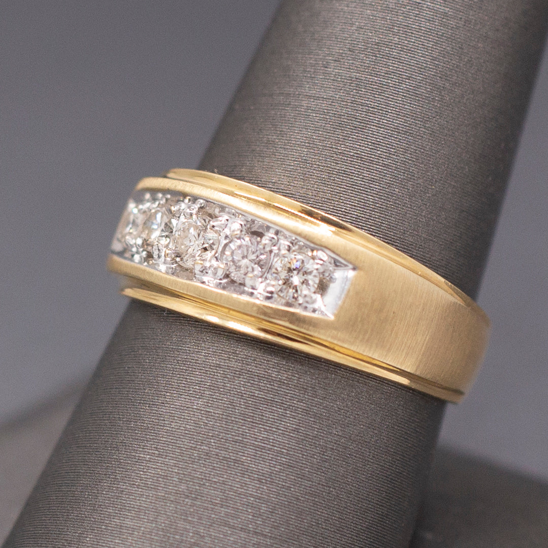 Vintage Men's Natural Diamond Five Stone Wedding Band Ring in 14k Yellow Gold