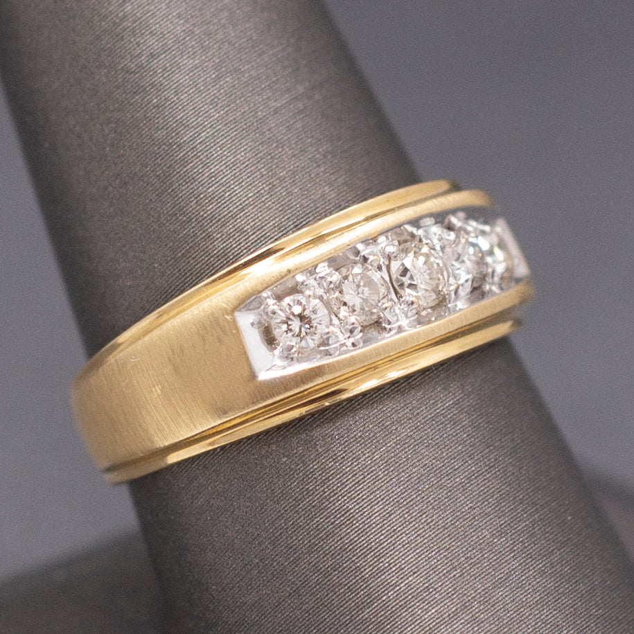 Vintage Men's Natural Diamond Five Stone Wedding Band Ring in 14k Yellow Gold
