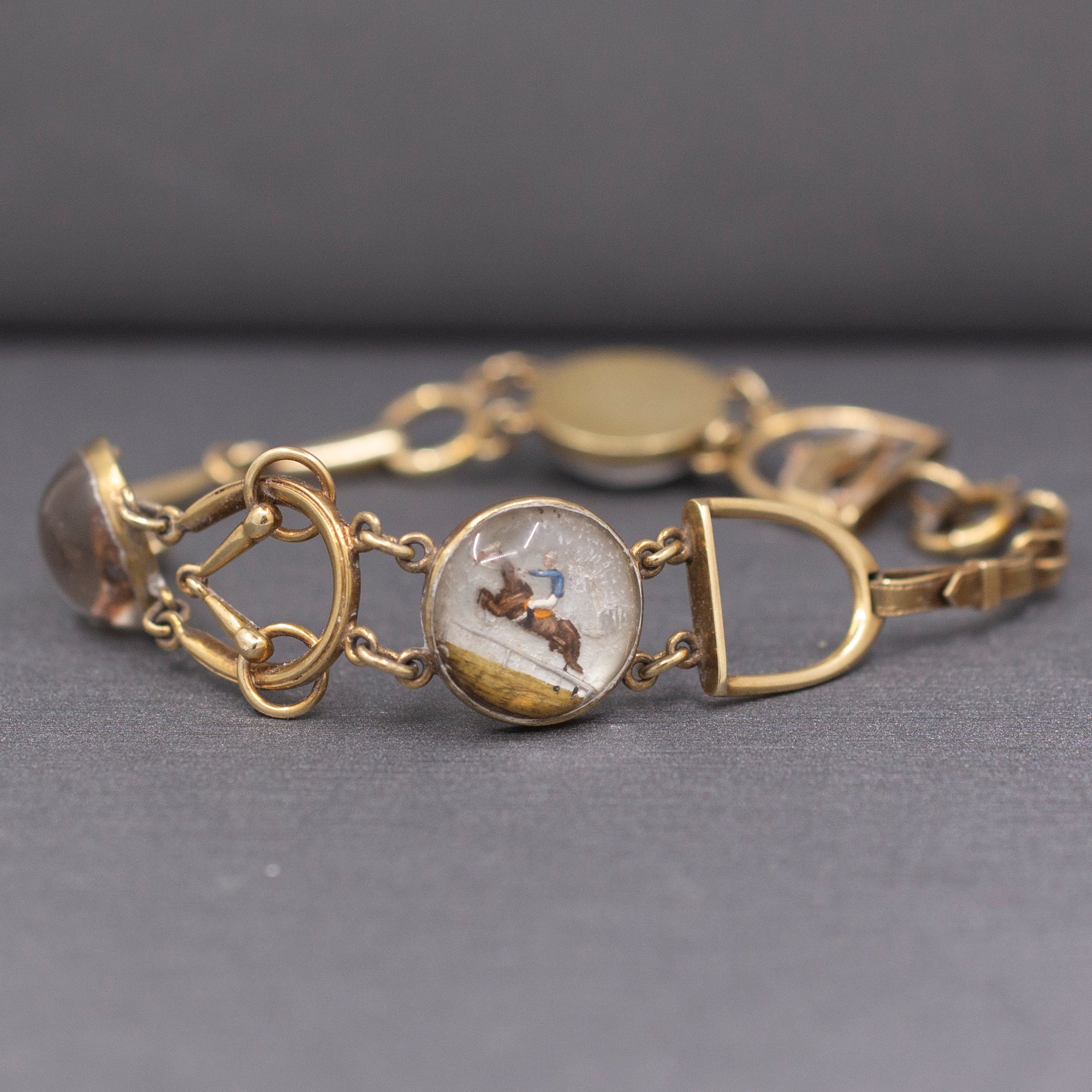 Antique Art Deco Equestrian Fox Hunt Essex Crystal Bracelet in 14k Yellow Gold