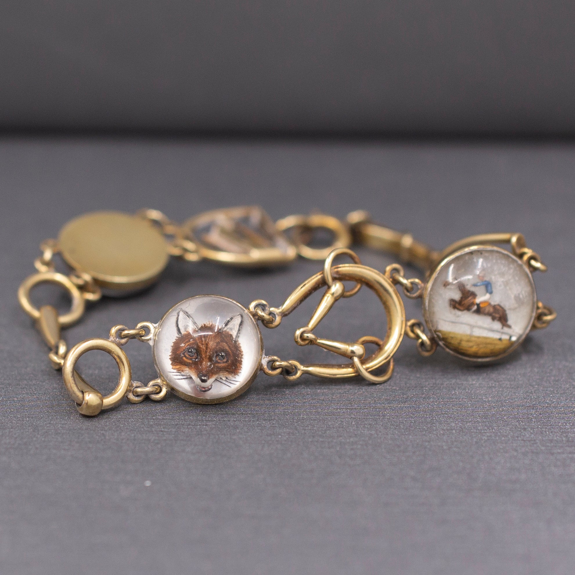 Antique Art Deco Equestrian Fox Hunt Essex Crystal Bracelet in 14k Yellow Gold