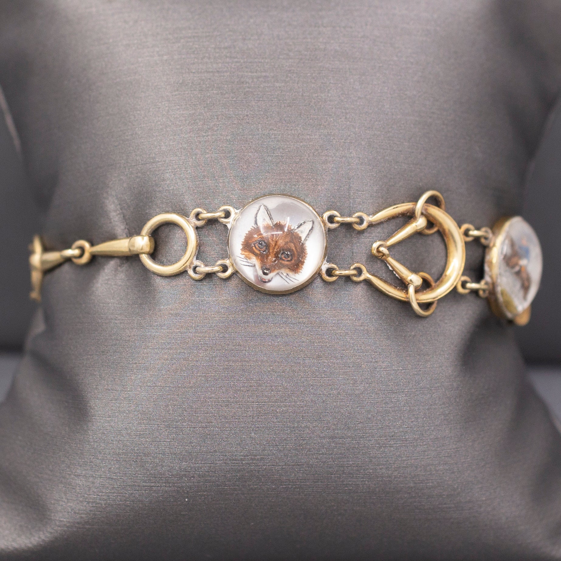 Antique Art Deco Equestrian Fox Hunt Essex Crystal Bracelet in 14k Yellow Gold