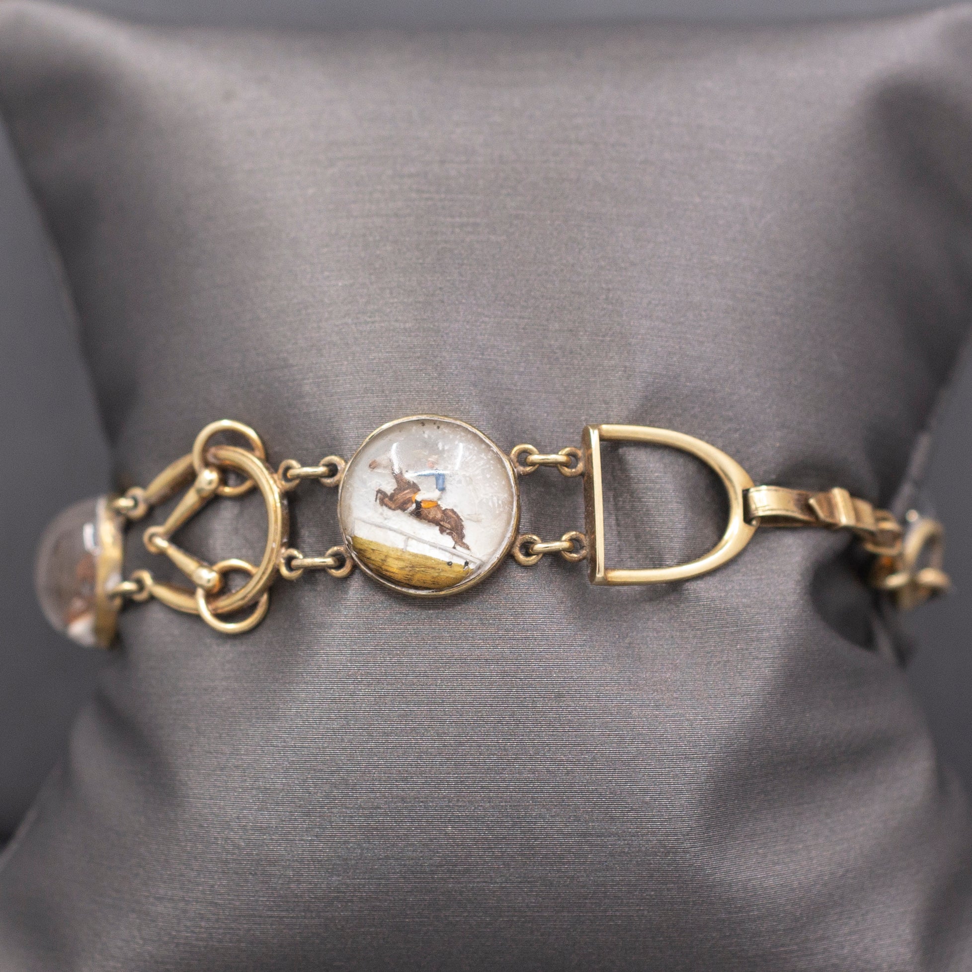 Antique Art Deco Equestrian Fox Hunt Essex Crystal Bracelet in 14k Yellow Gold