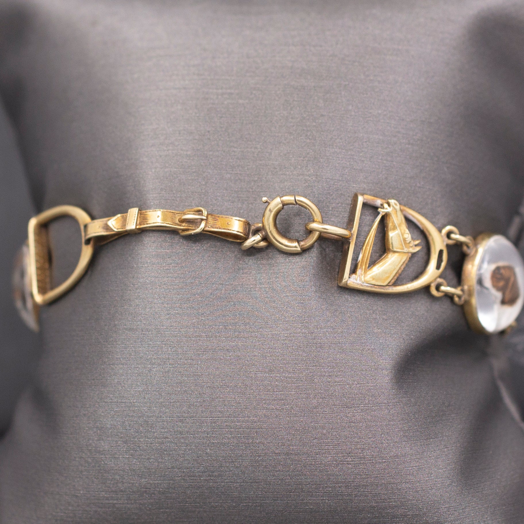 Antique Art Deco Equestrian Fox Hunt Essex Crystal Bracelet in 14k Yellow Gold