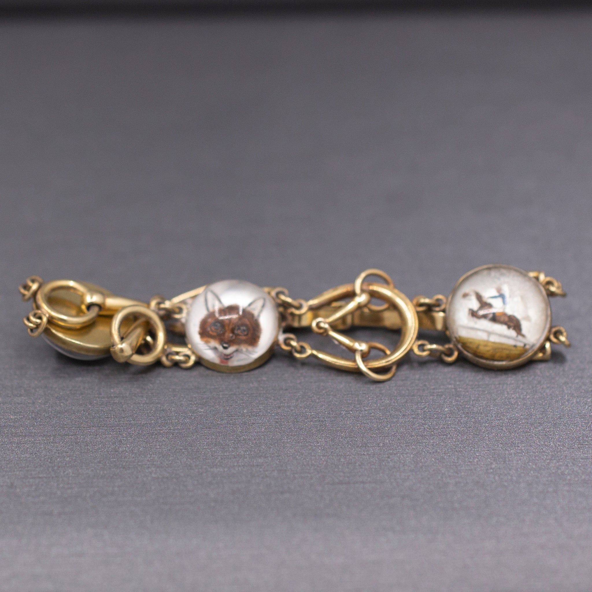 Antique Art Deco Equestrian Fox Hunt Essex Crystal Bracelet in 14k Yellow Gold