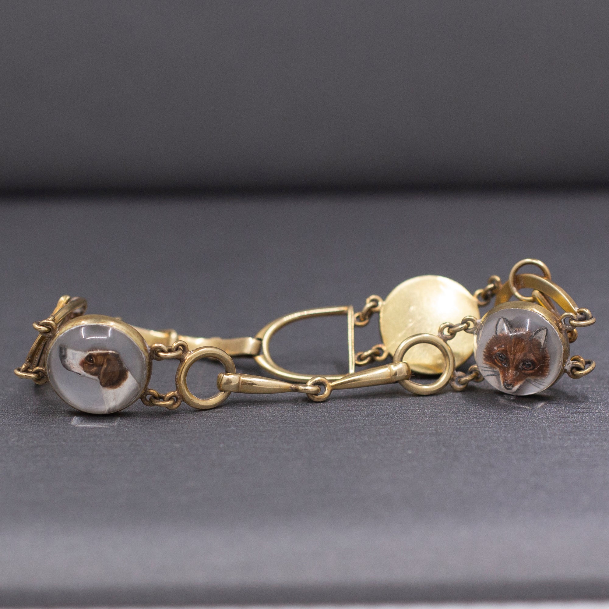 Antique Art Deco Equestrian Fox Hunt Essex Crystal Bracelet in 14k Yellow Gold