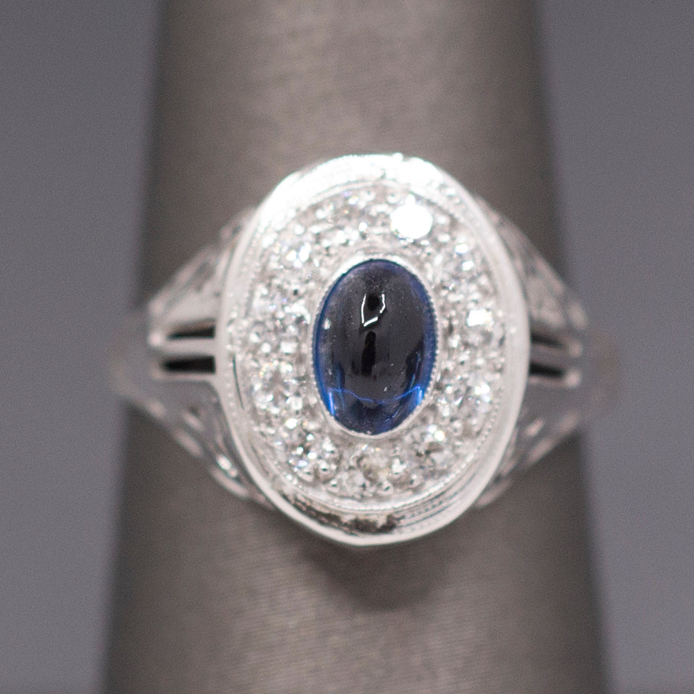 Vintage Sapphire Cabochon and Old Cut Diamond Halo Ring in 14k White Gold
