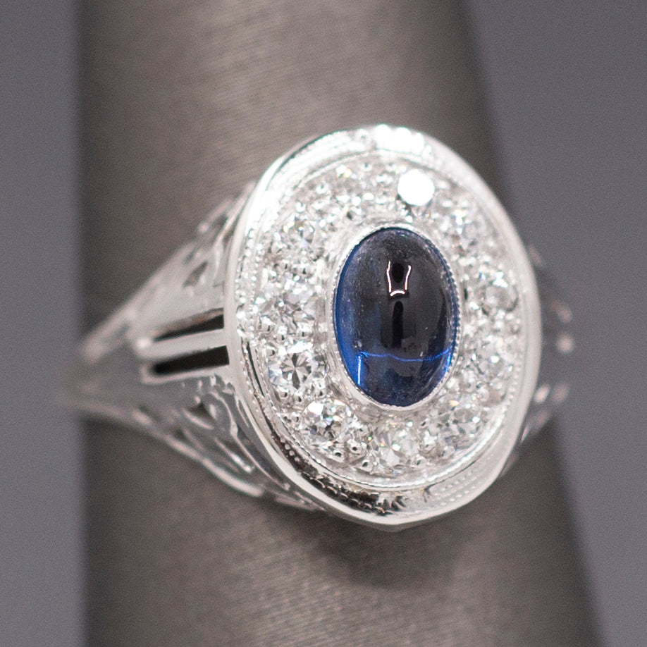 Vintage Sapphire Cabochon and Old Cut Diamond Halo Ring in 14k White Gold