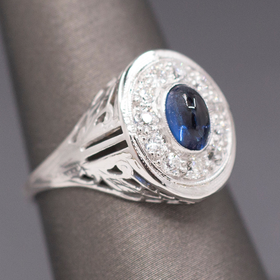 Vintage Sapphire Cabochon and Old Cut Diamond Halo Ring in 14k White Gold