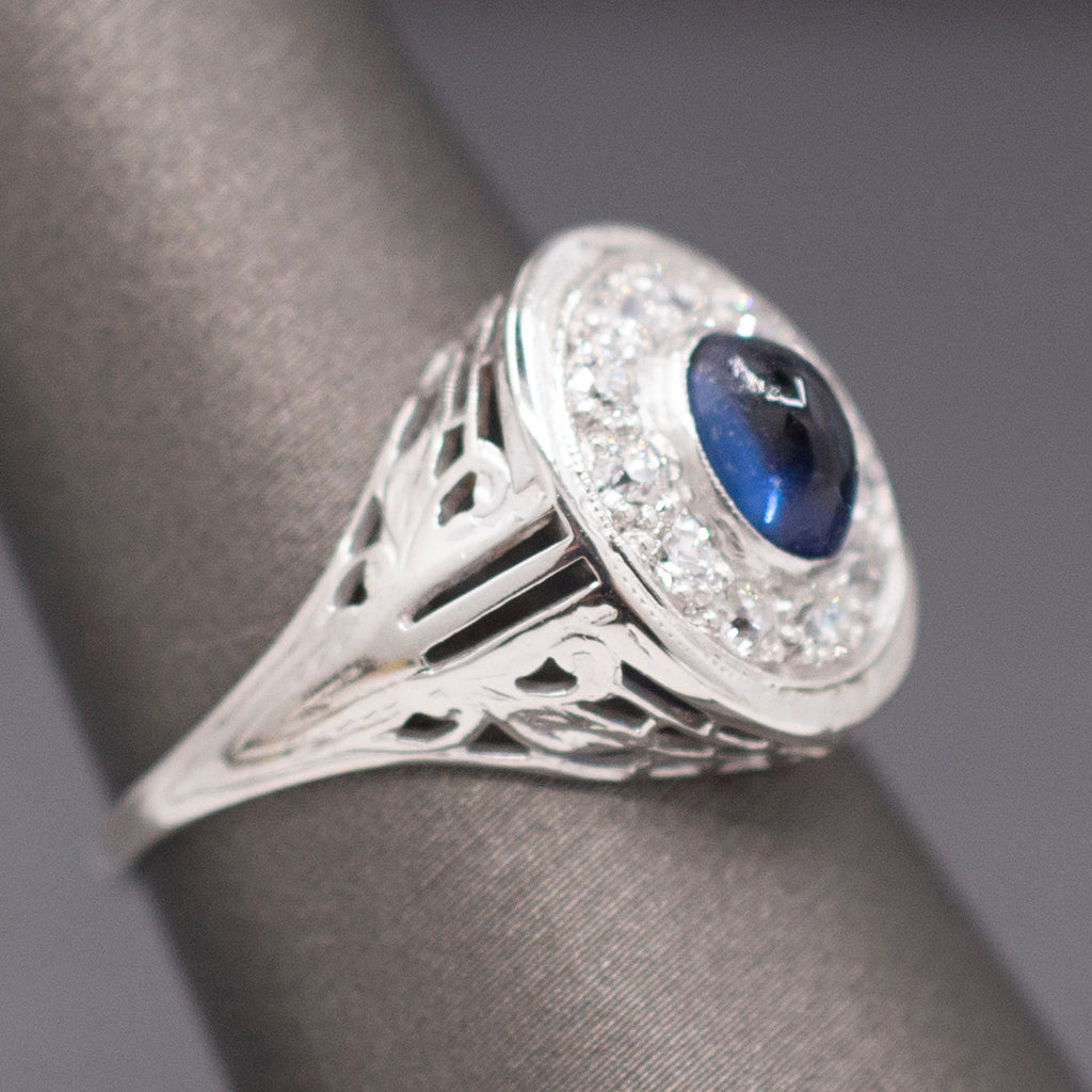 Vintage Sapphire Cabochon and Old Cut Diamond Halo Ring in 14k White Gold