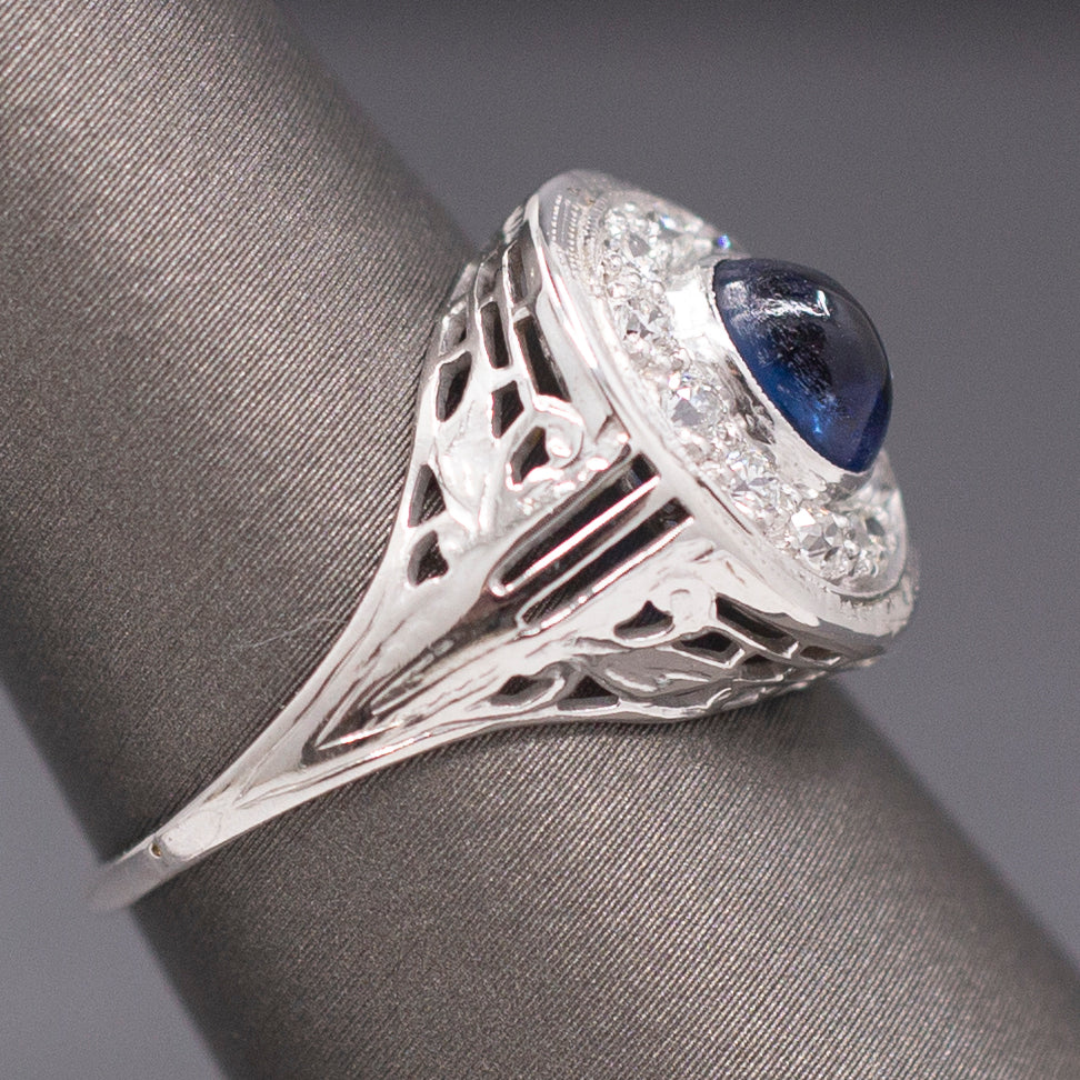 Vintage Sapphire Cabochon and Old Cut Diamond Halo Ring in 14k White Gold